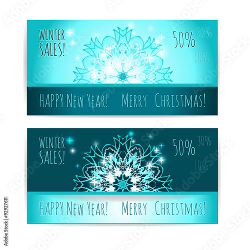 Winter sale. Design vector template layout for leaflets,fayer,card magazine, horizontal format. Blue colors.Merry Christmas and happy New year. Silver snowflake on a dark green and a light background. photo