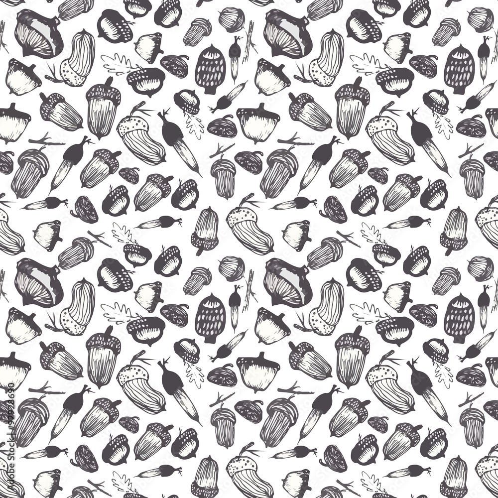 Hand drawn doodle seamless acorn pattern. Hand drawn doodle seamless acorn pattern.