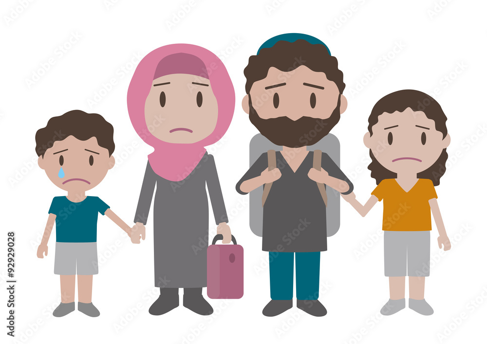 Refugee family against white background