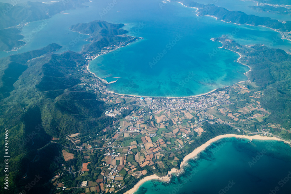 Japanese Mountain landscape from above; beautiful tropical island covered by trees and remote paradise beaches, Kyushu, Japan Japanese Mountain landscape from above; beautiful tropical island covered by trees and remote paradise beaches, Kyushu, Japan