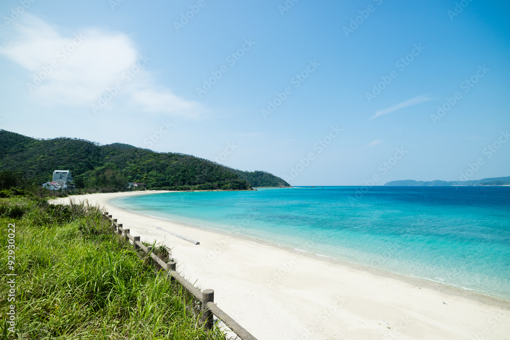 Tropical paradise island beach lagoon and white sand beach full of beautiful clear blue turquoise water in Amami Oshima, Kagoshima, Okinawa, Tropical Japan during Summer vacation