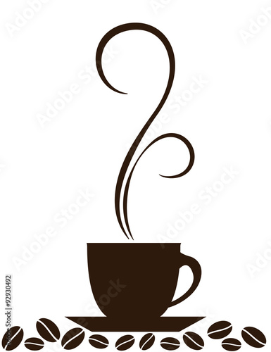 Silhouette of coffee cup with steam and coffee beans 