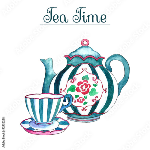 Watercolor teapot and cup.