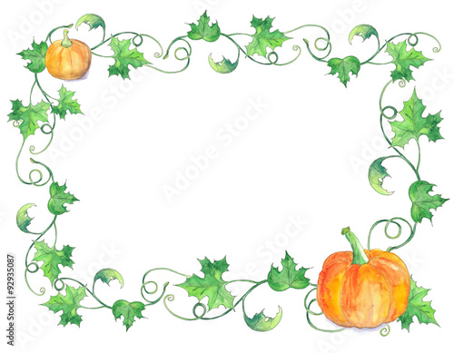 Halloween pumpkin with green leaves. Original watercolor pattern.