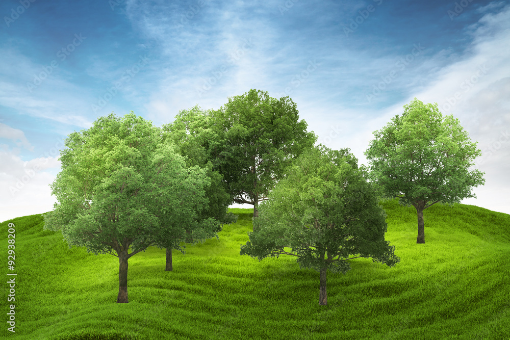 green grass hill with grove under blue sky green grass hill with grove under blue sky
