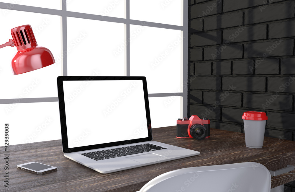 3D illustration laptop and work stuff on table near brick wall 3D illustration laptop and work stuff on table near brick wall