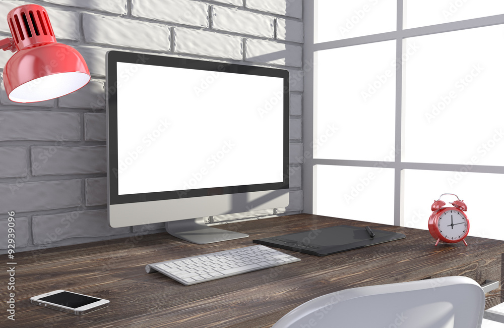Fototapeta premium 3D illustration PC screen on table in office, Workspace