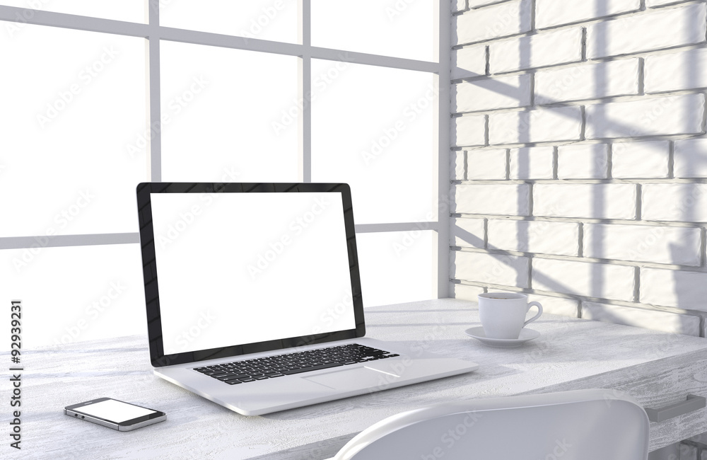 3D illustration laptop and work stuff on table near brick wall 3D illustration laptop and work stuff on table near brick wall