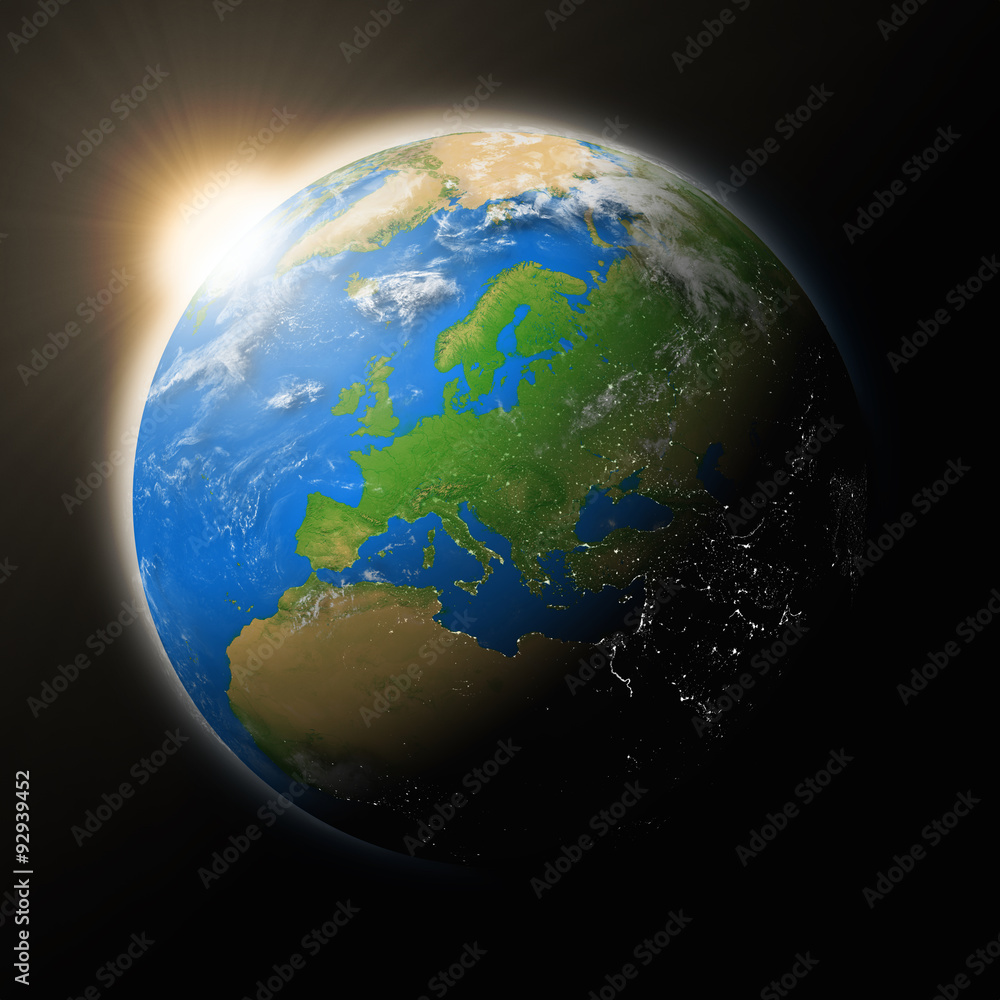 Fototapeta premium Sun over Europe on planet Earth
