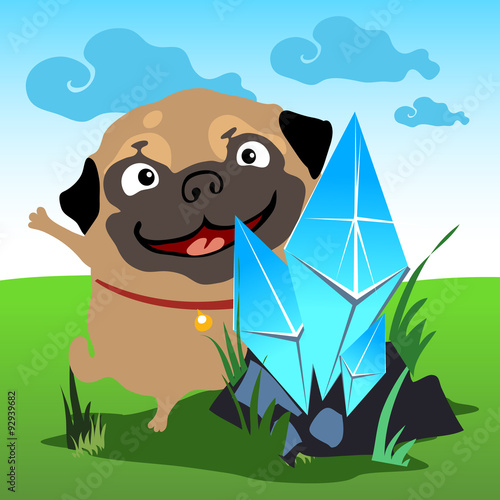 Pug with a crystal in the natural landscape