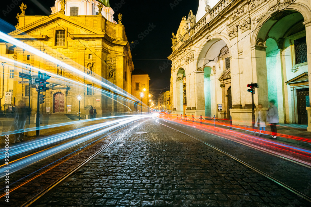 Naklejka premium Night View of traffic lights in street in Prague, Czech republic