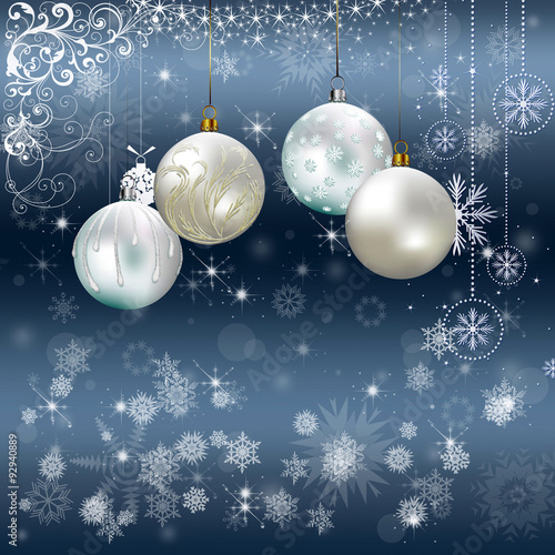 Christmas snowflake and decoration background with Merry Christmas blue  baubles photo