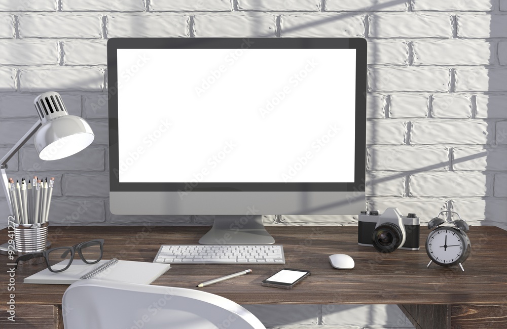 Fototapeta premium 3D illustration PC screen on table in office, Workspace
