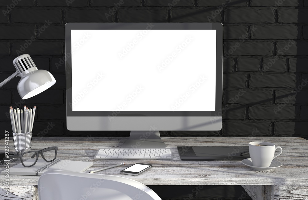 Fototapeta premium 3D illustration PC screen on table in office, Workspace