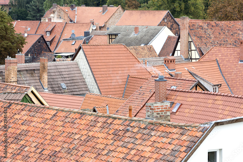 Dächer von Fachwerkhäusern in Quedlinbrug, Harz