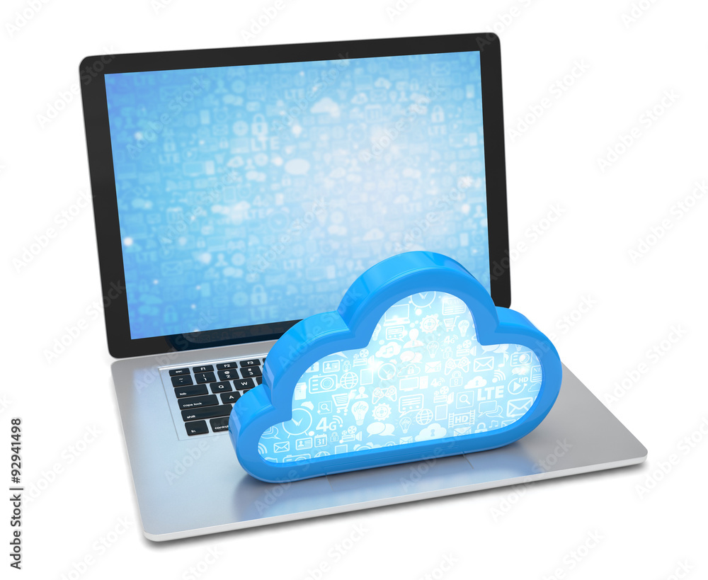 Laptop with cloud computing symbol on keyboard. 3d render Laptop with cloud computing symbol on keyboard. 3d render