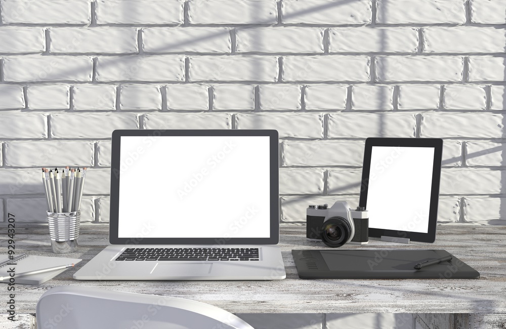 Fototapeta premium 3D illustration laptop and work stuff on table near brick wall