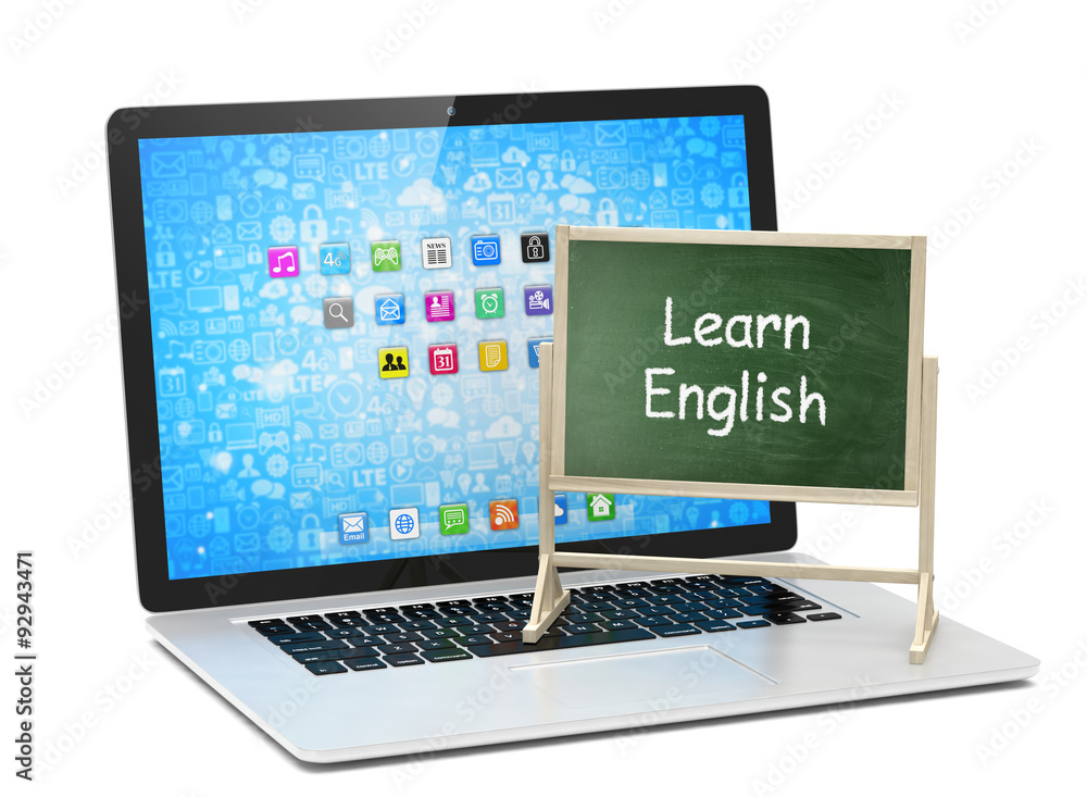 Laptop with chalkboard, learn english, online education concept Laptop with chalkboard, learn english, online education concept