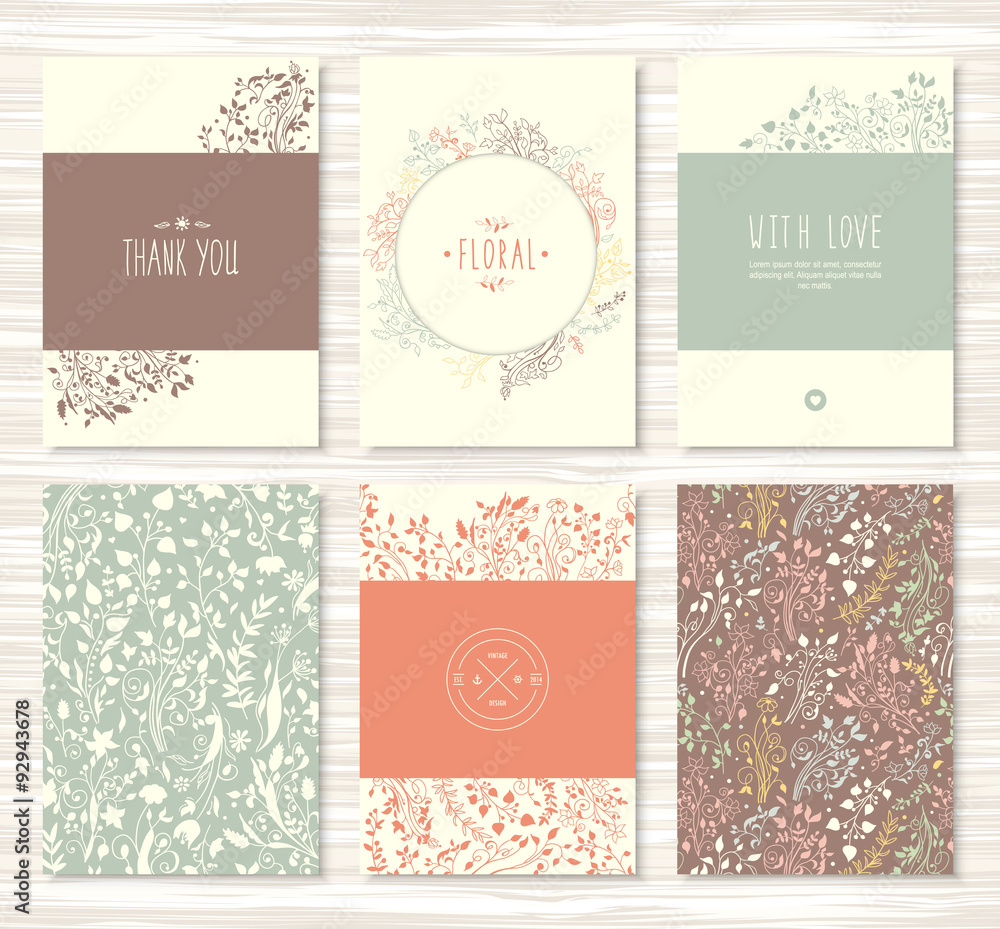 Flyers, brochures with floral, leaves, flower patterns Flyers, brochures with floral, leaves, flower patterns