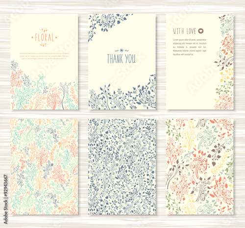 Flyers, brochures with floral, leaves, flower patterns