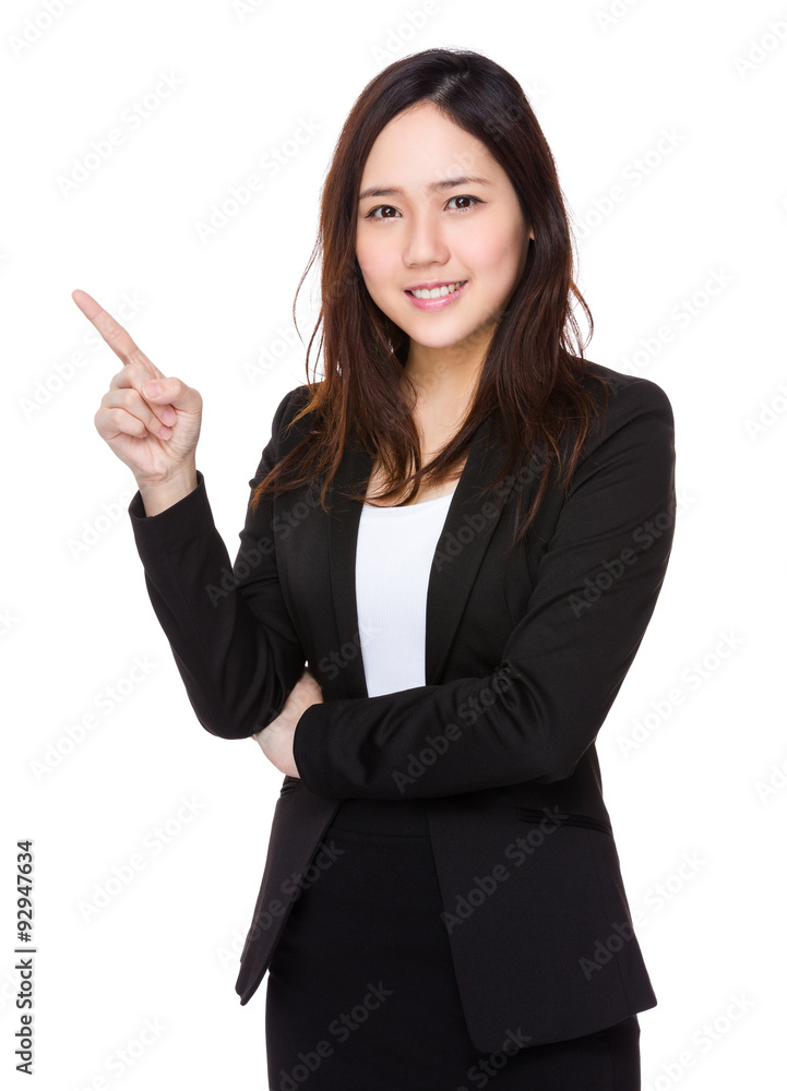 Businesswoman finger point up Businesswoman finger point up