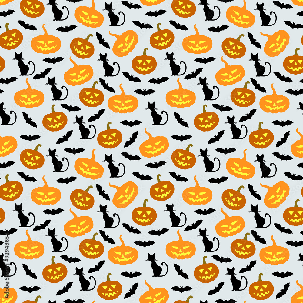 Halloween pumpkins, bats and cats pattern seamless