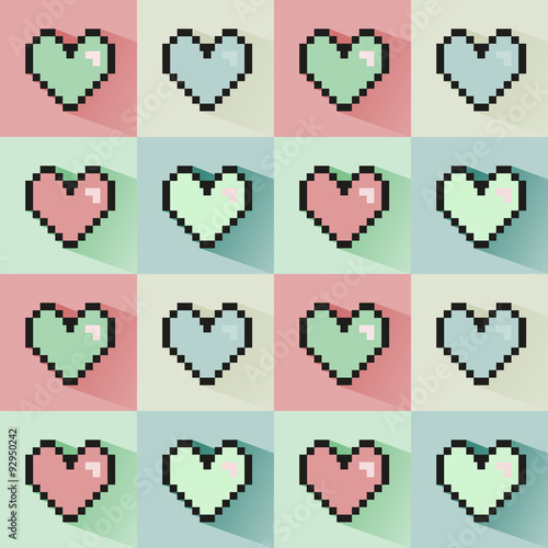 Pixelated hearts seamless vector pattern.