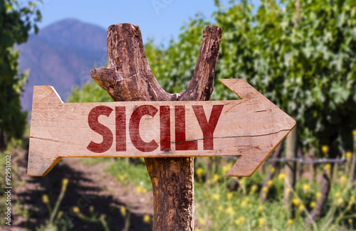 Sicily wooden sign with winery background