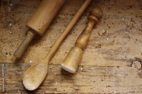 wooden baking tools on wood table top