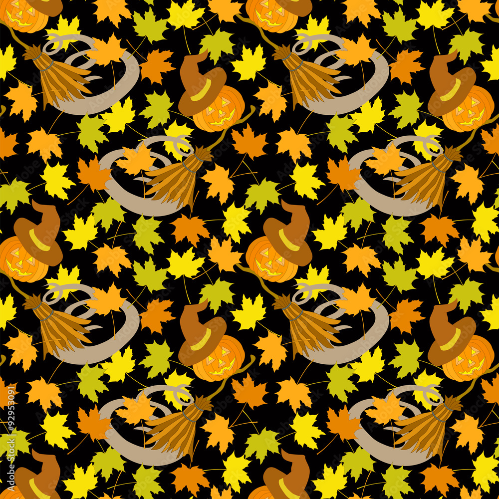 Obraz premium Halloween Seamless Pattern Broom Pumpkin Hat Maple Leaves Autumn
