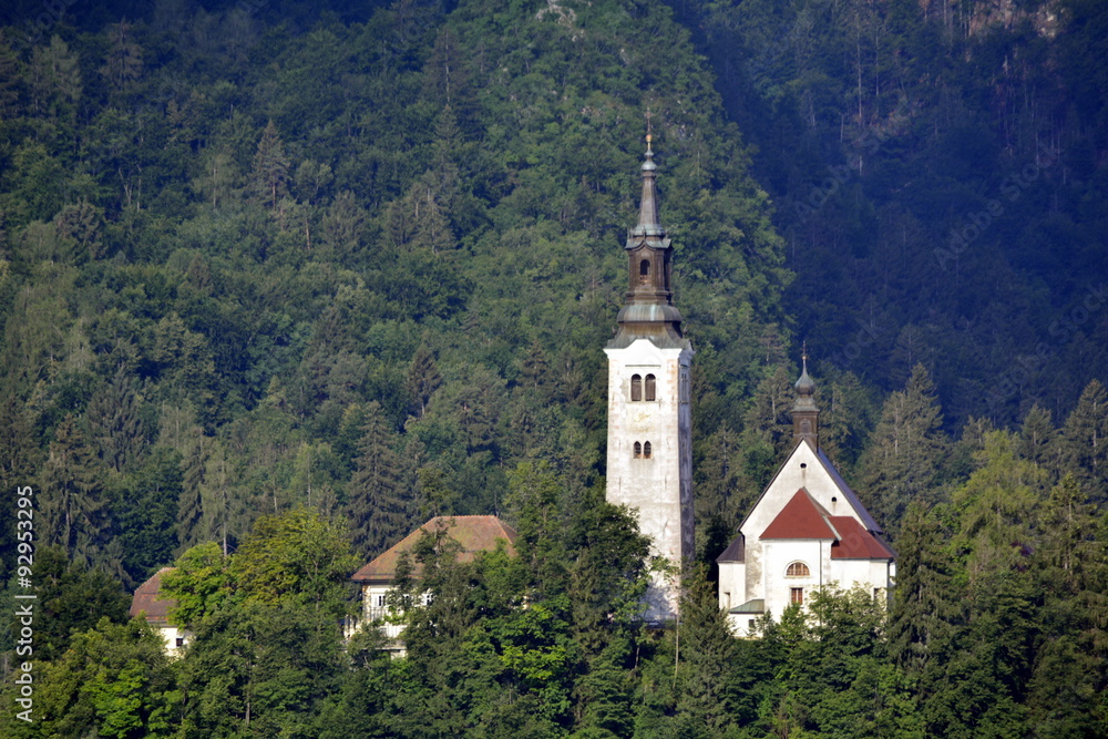 Iglesia de la Asunción María en la isla de Bled . Eslovenia 