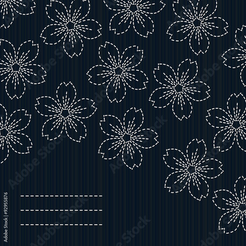 Japanese quilting. Sashiko card. Sakura flowers.