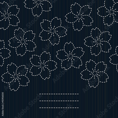 Spring japanese postcard. Sashiko. Sakura flowers. Cherry Blossoms. Traditional embroidery with copy space for text. Floral postcard. Banner with sakura blossoms. Black and white poster.