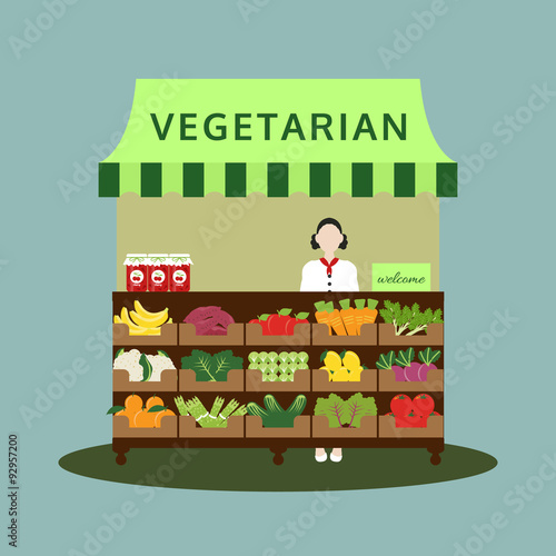 vegetarian shop with vegetable and fruit, food vector illustrati