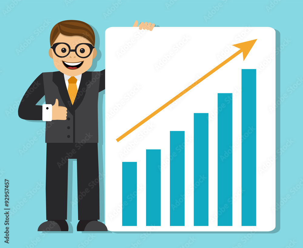 successful happy businessman showing a poster and a schedule with growing income and the up arrow successful happy businessman showing a poster and a schedule with growing income and the up arrow