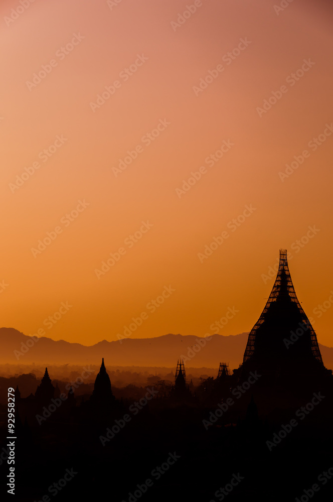 Old pagoda field misty sunrise at Bagan, Myanmar