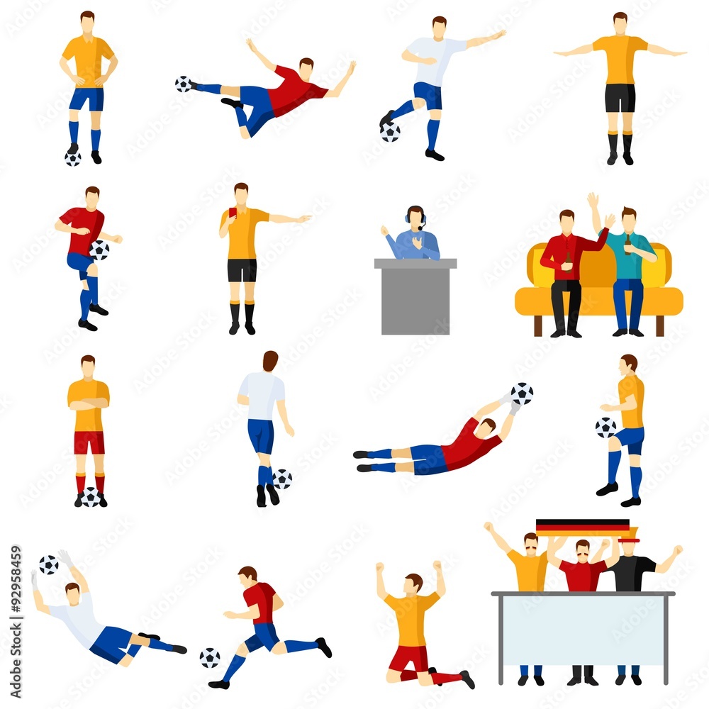 Soccer game people flat icons set