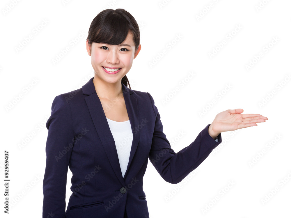 Businesswoman with open hand palm Businesswoman with open hand palm