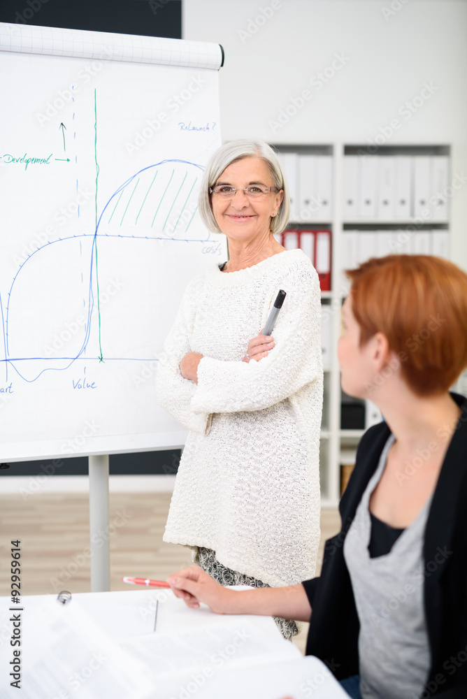 Fototapeta premium ältere lächelnde geschäftsfrau erklärt etwas am flipchart
