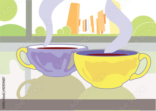 Teacups cool on the windowsill. Vector