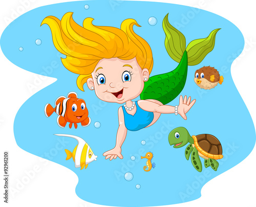 Happy mermaid with sea animal on sea water background
