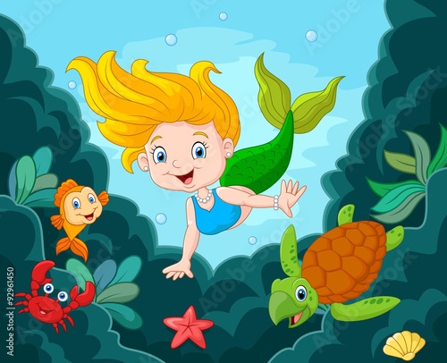 Little Mermaid with sea animals  #92961450