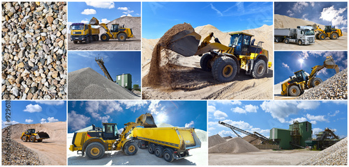Radlader und LKW in einem Kieswerk - abbau von Sand und Kies für die Bauindustrie