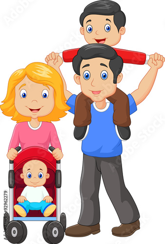 Father giving his son piggyback ride with mother pushing baby carriage