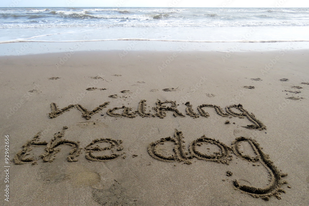 Fototapeta premium Walking the Dog written in sand, with the sea in the background 