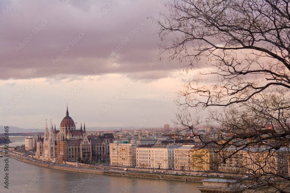 Romantic Budapest, Hungary, in Winter, with the Parliament and Bare Tree Branches in view