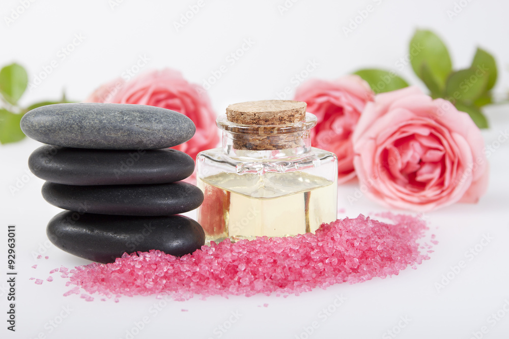 Basalt stones , cosmetic oil , aromatic bath salt and rose. Basalt stones , cosmetic oil , aromatic bath salt and rose.