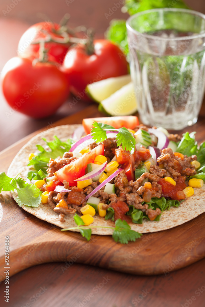 mexican taco with beef tomato salsa onion corn