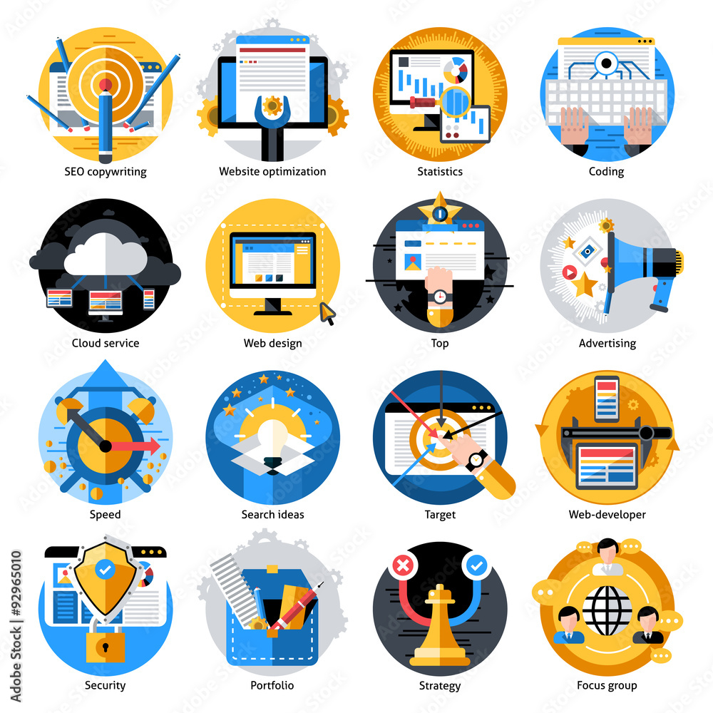 Seo Development Round Icons Set