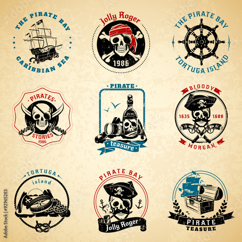 Pirate emblems vintage old paper set